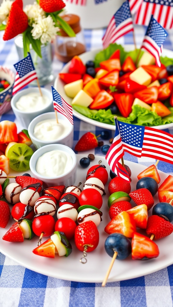 A festive table displaying various 4th of July appetizers including Caprese skewers, veggie platter, and fruit kabobs, with patriotic decorations.